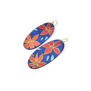 Blue With Red Flower Watercolor Earrings