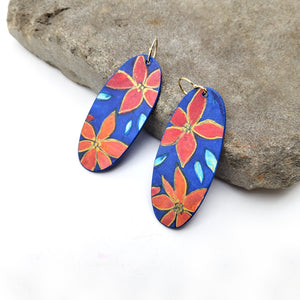 Blue With Red Flower Watercolor Earrings