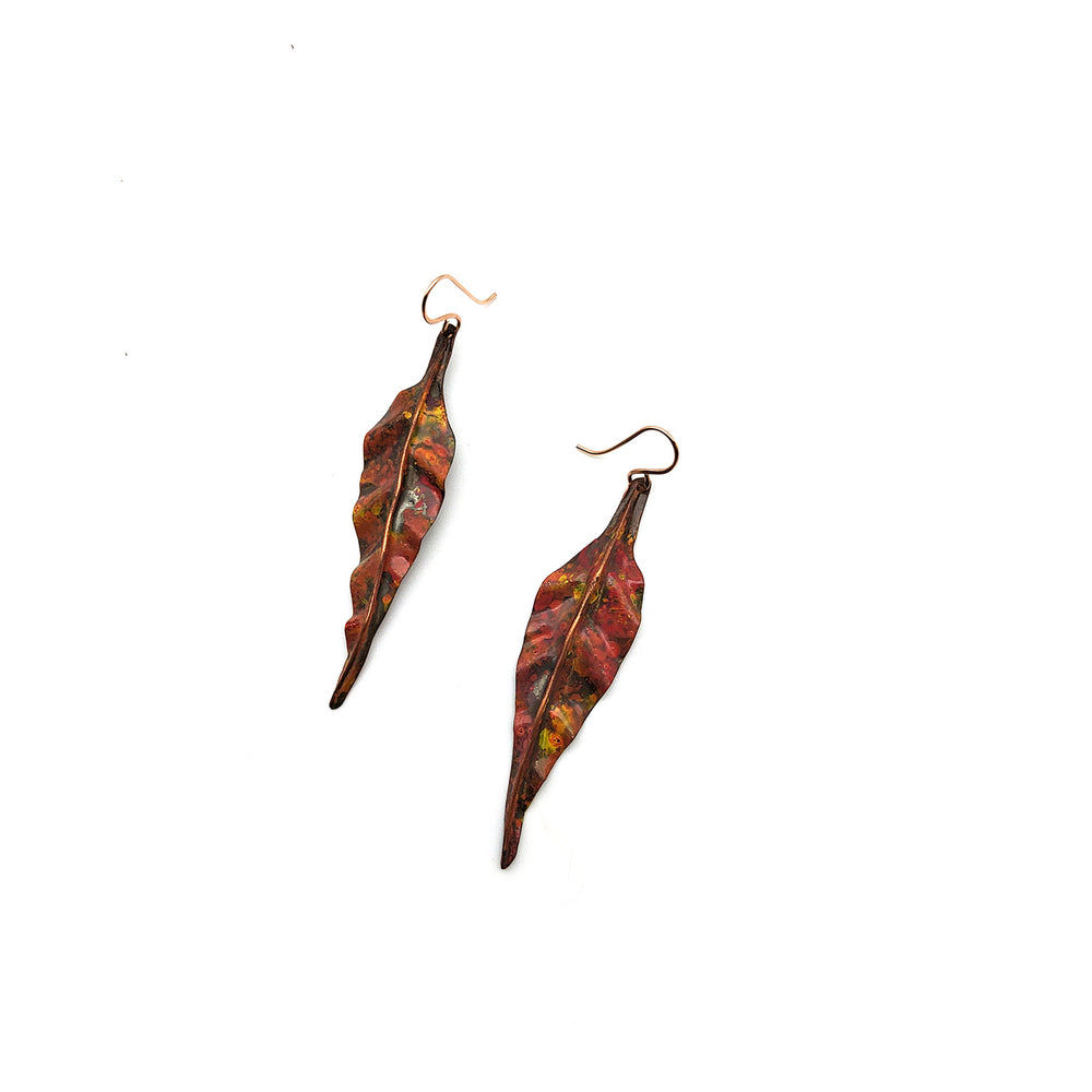 Copper Folded Leaf Red Earrings
