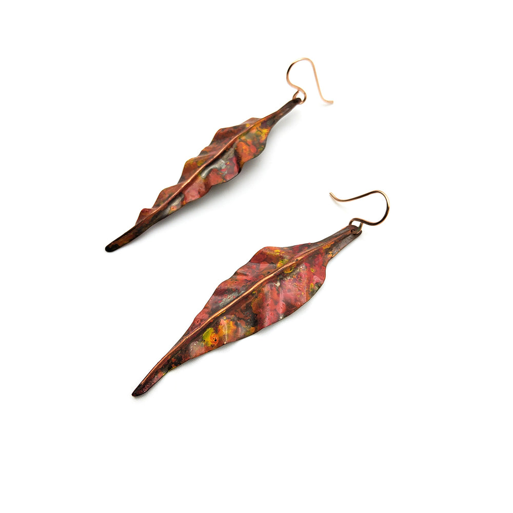 Copper Folded Leaf Red Earrings