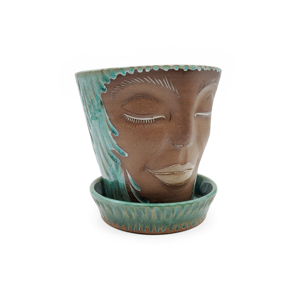 Plant Spirit Teal Carved Ceramic Planter