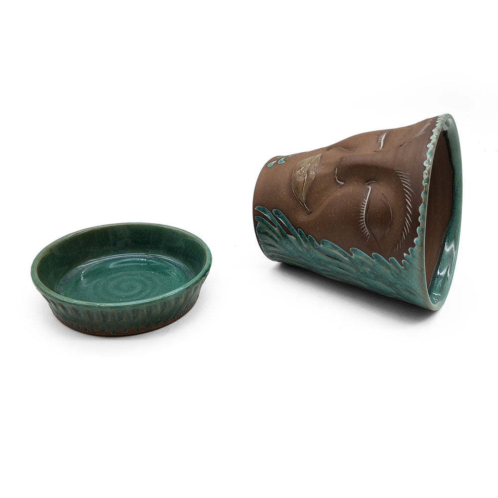 Plant Spirit Teal Carved Ceramic Planter