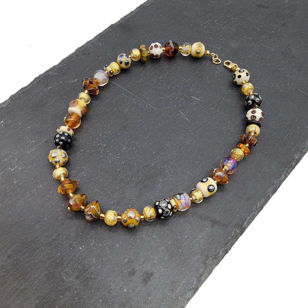 Gold Leaf and Polka Dot Beaded Necklace