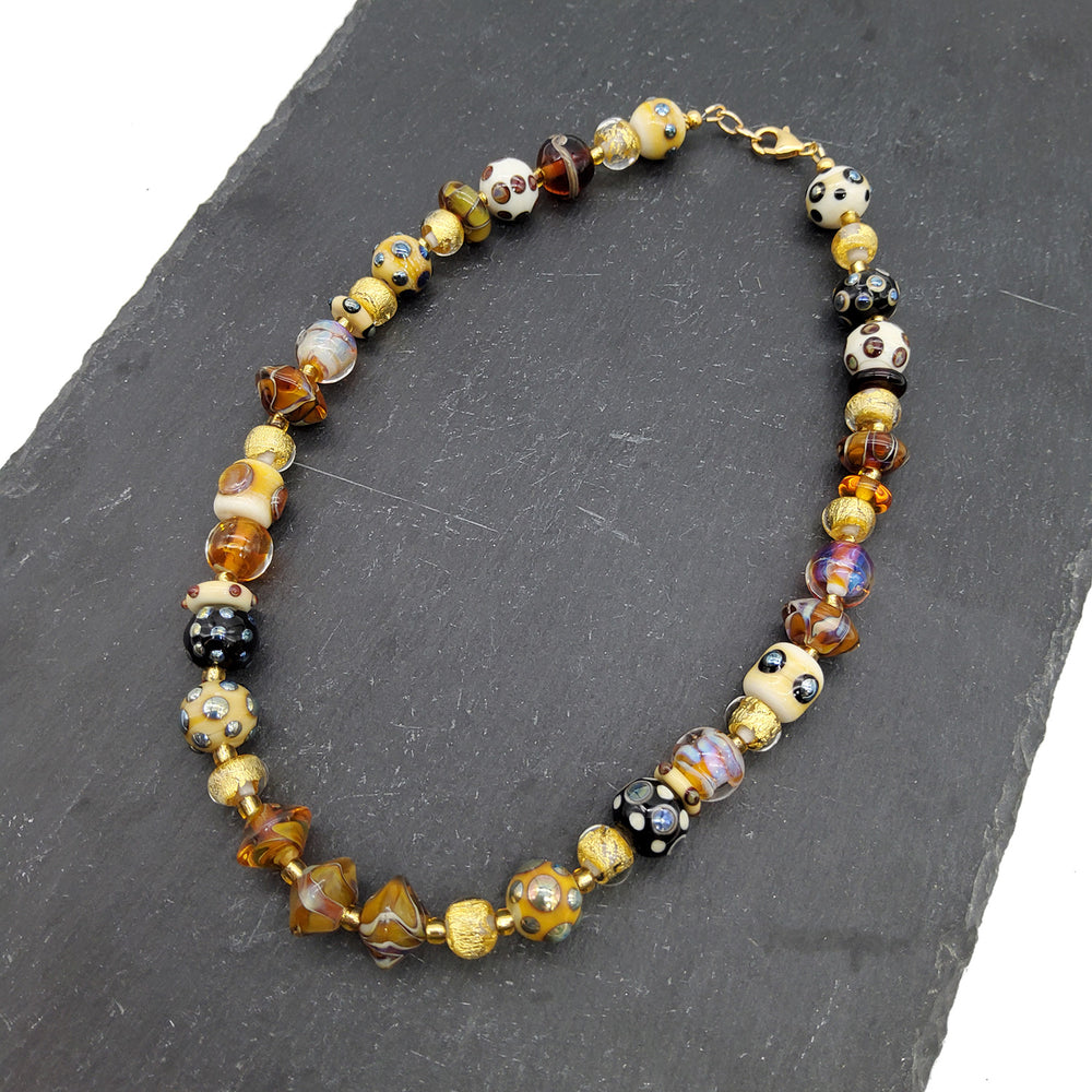 Gold Leaf and Polka Dot Beaded Necklace