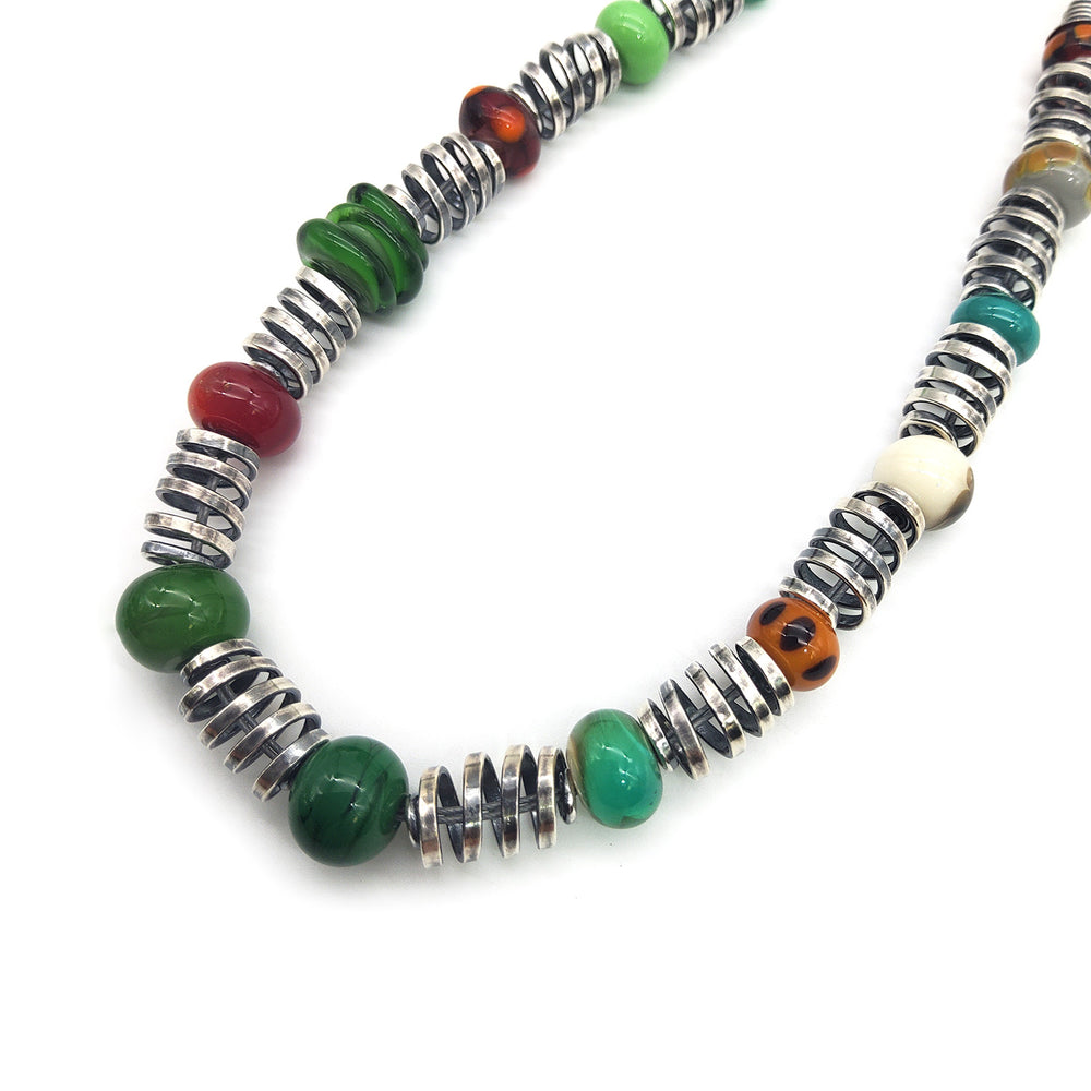 Spiral Silver & Green Lampwork Necklace
