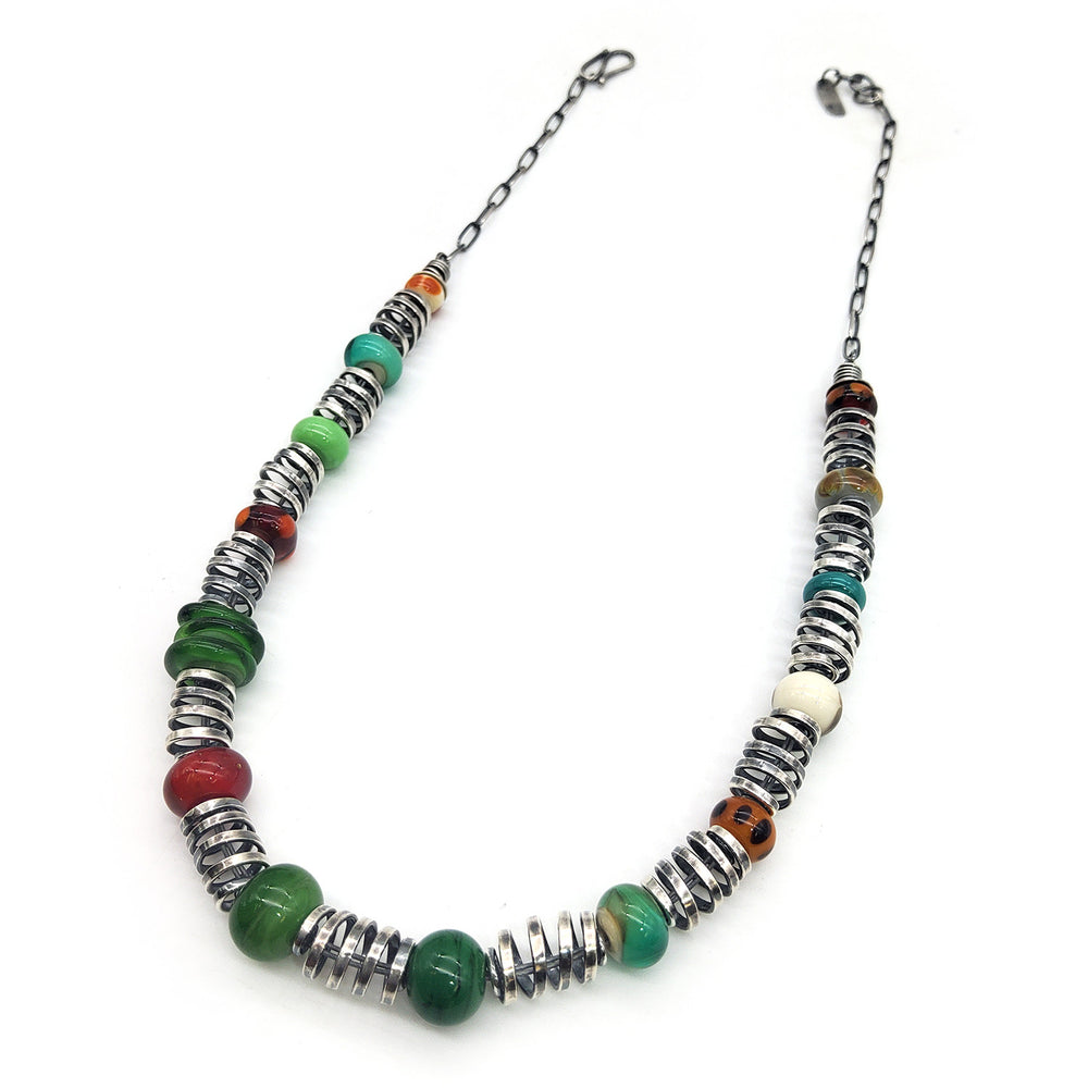 Spiral Silver & Green Lampwork Necklace