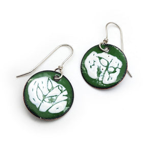 Enameled Green Circle Cut Leaf Earrings