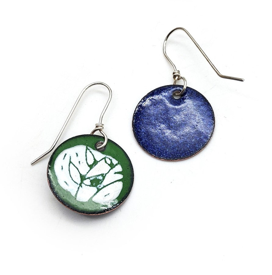 Enameled Green Circle Cut Leaf Earrings