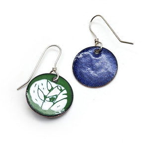 Enameled Green Circle Cut Leaf Earrings