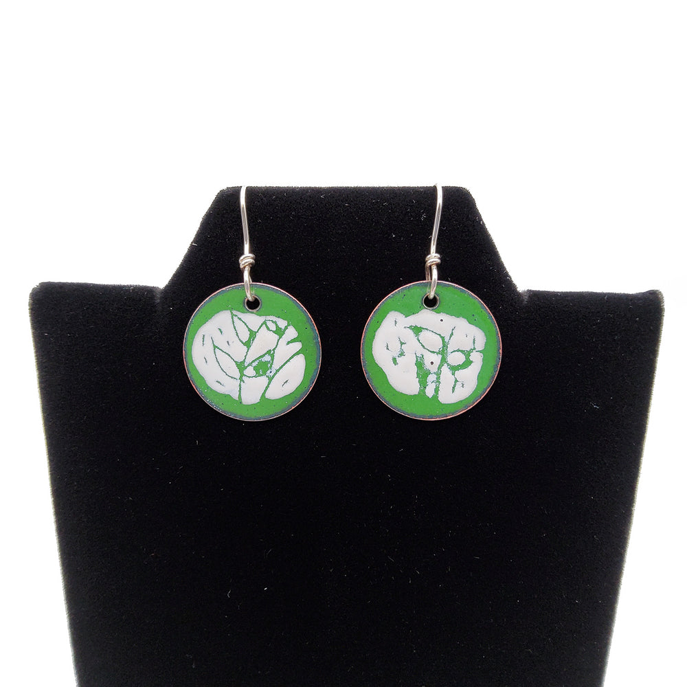 Enameled Green Circle Cut Leaf Earrings