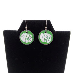 Enameled Green Circle Cut Leaf Earrings
