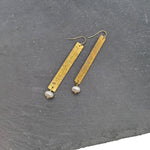 Textured Brass Bar and Pearl Earrings