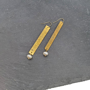 Textured Brass Bar and Pearl Earrings