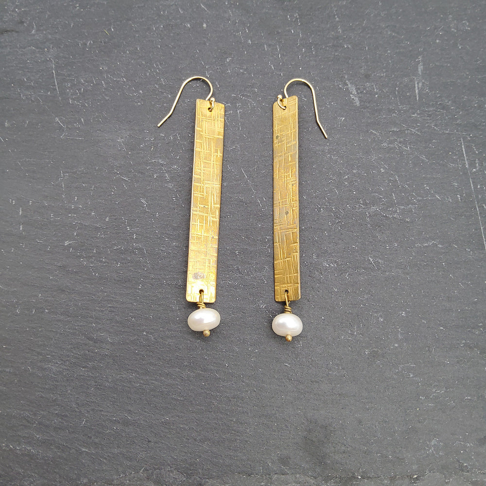 Textured Brass Bar and Pearl Earrings
