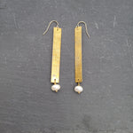 Textured Brass Bar and Pearl Earrings