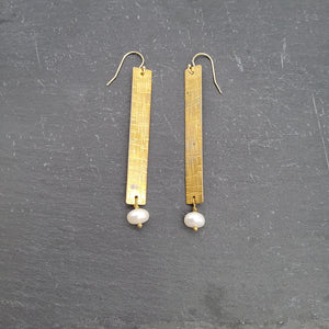 Textured Brass Bar and Pearl Earrings