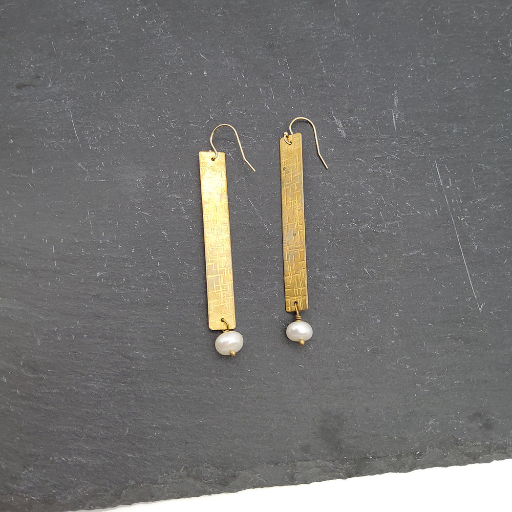 Textured Brass Bar and Pearl Earrings