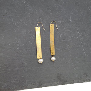 Textured Brass Bar and Pearl Earrings