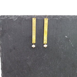Textured Brass Bar and Pearl Earrings