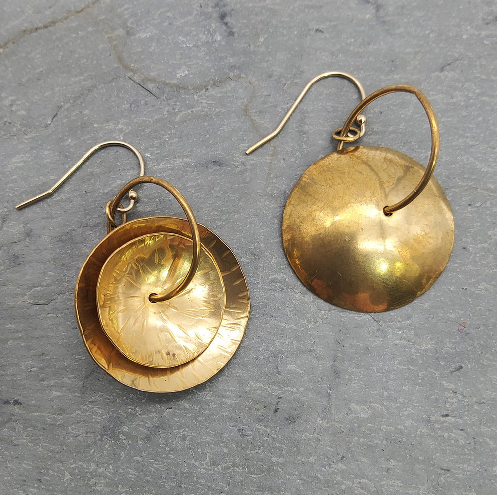 Curved Brass Disc Dangle Earrings