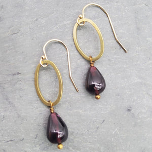 Brass Oval and Garnet Teardrop Earrings