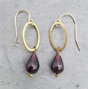 Brass Oval and Garnet Teardrop Earrings