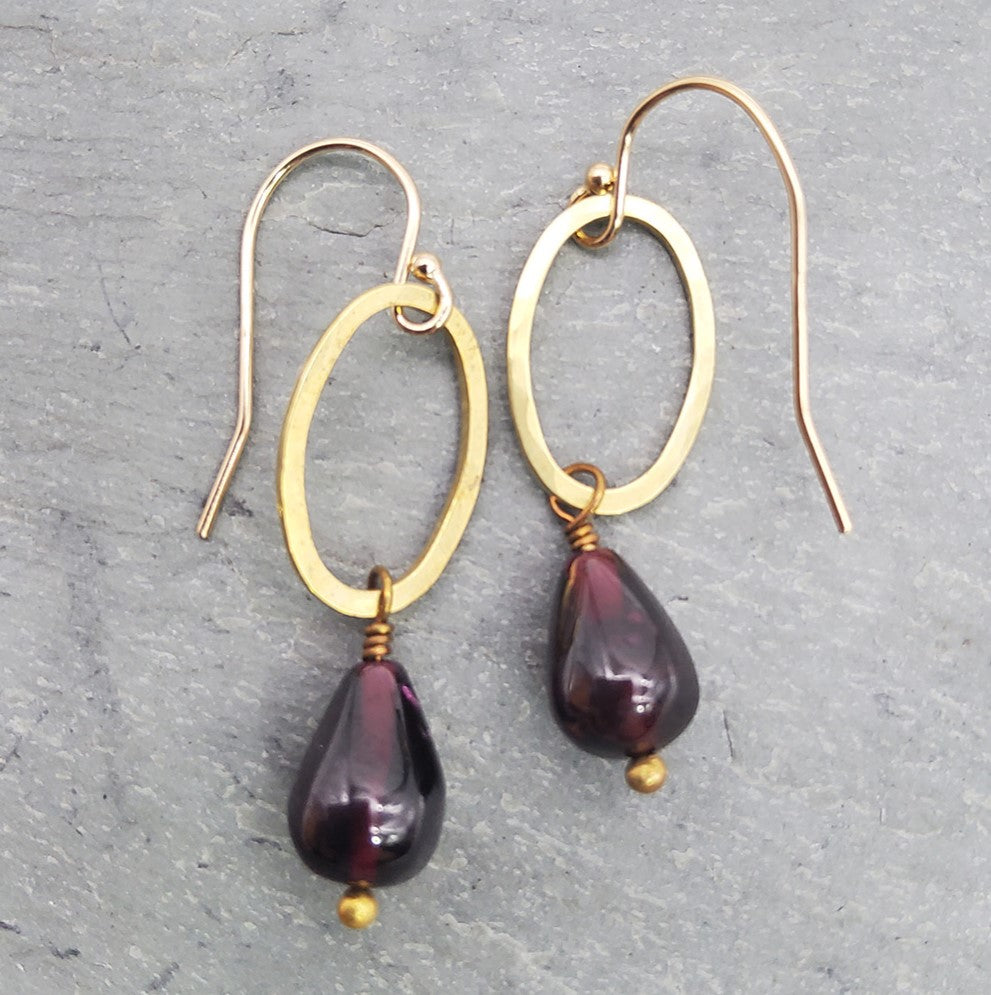 Brass Oval and Garnet Teardrop Earrings