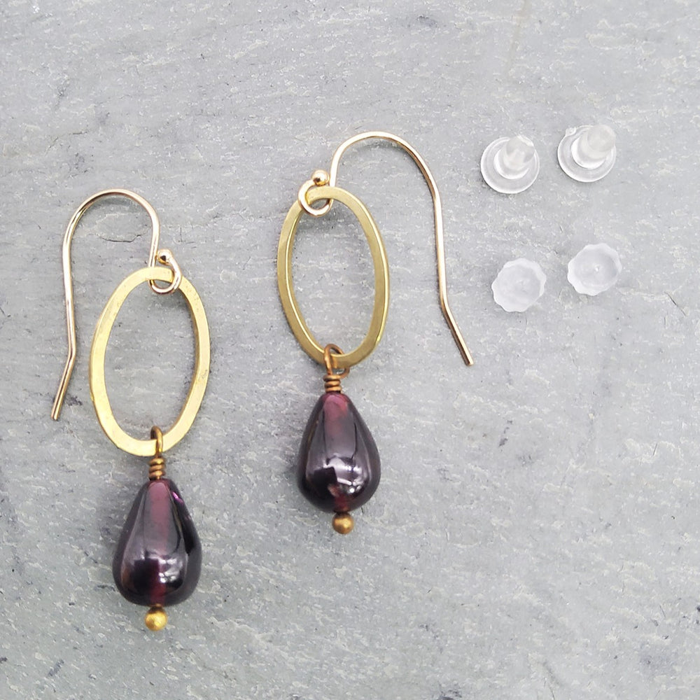 Brass Oval and Garnet Teardrop Earrings