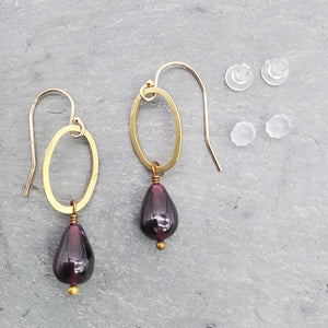 Brass Oval and Garnet Teardrop Earrings