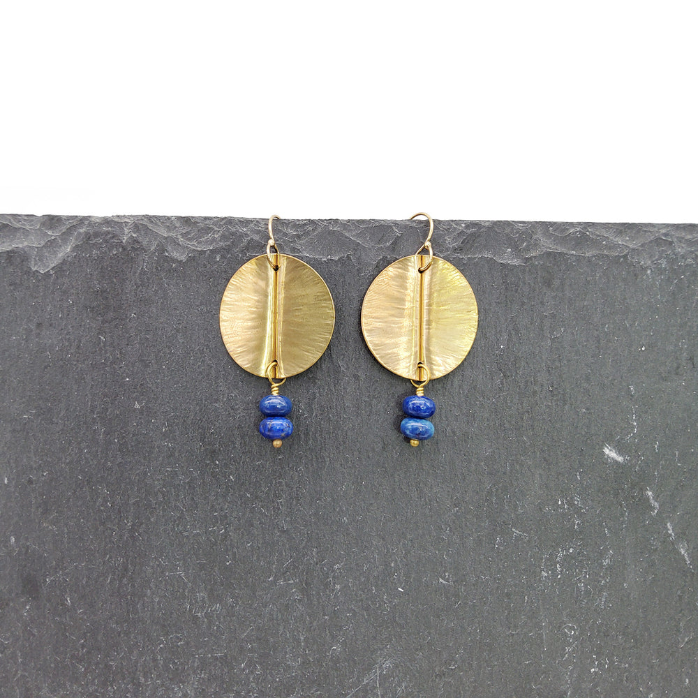 Lapis and Folded Brass Disc Earrings
