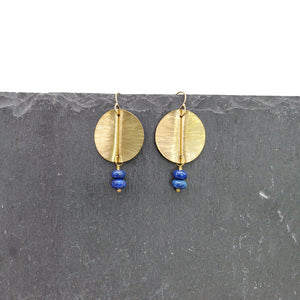 Lapis and Folded Brass Disc Earrings