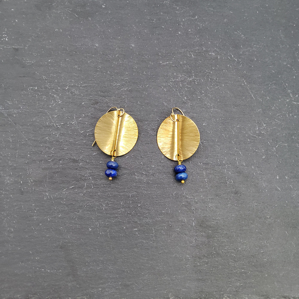 Lapis and Folded Brass Disc Earrings