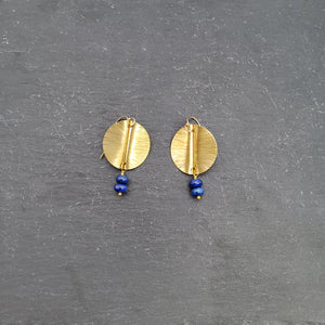 Lapis and Folded Brass Disc Earrings