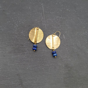 Lapis and Folded Brass Disc Earrings