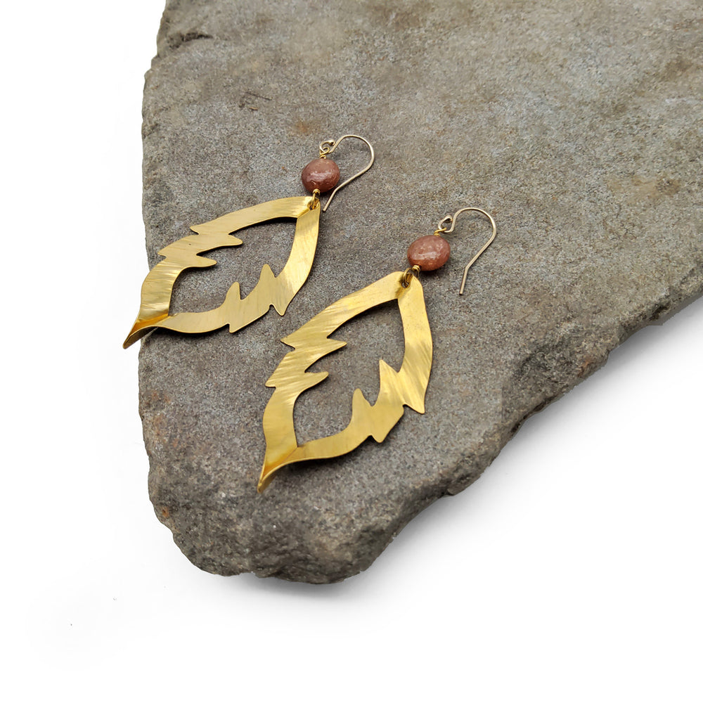 Sunstone and Brass Leaf Earrings