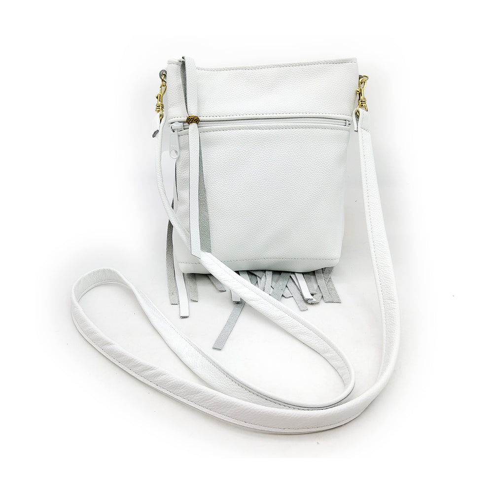 Small White Leather Fringe Bag