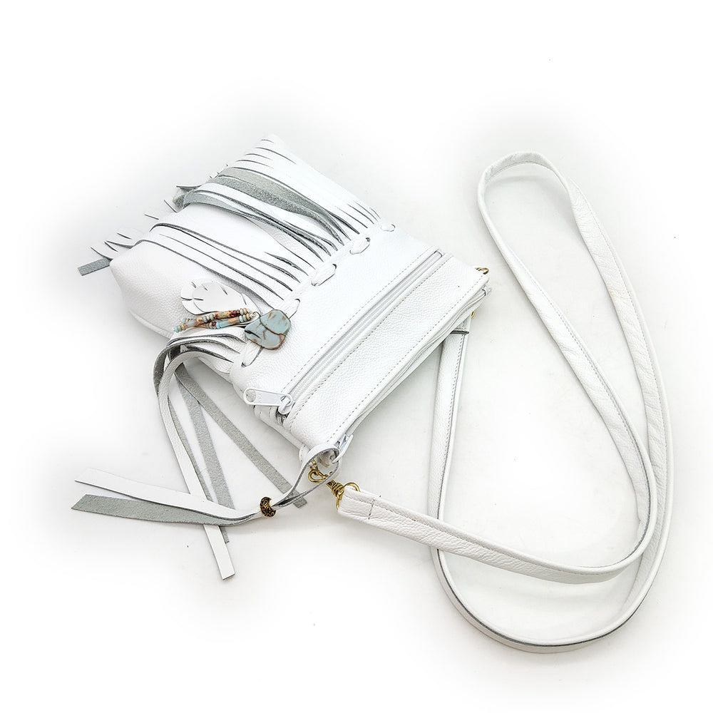 Small White Leather Fringe Bag