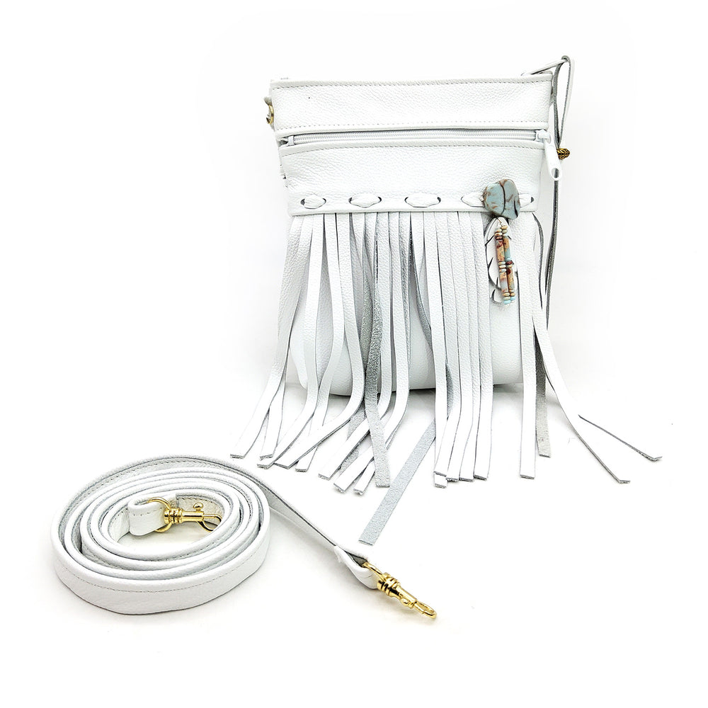 Small White Leather Fringe Bag