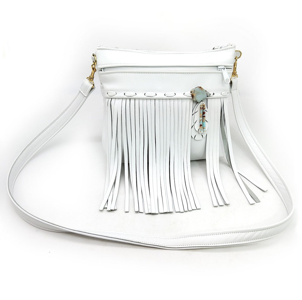 Medium White Leather Fringe Bag