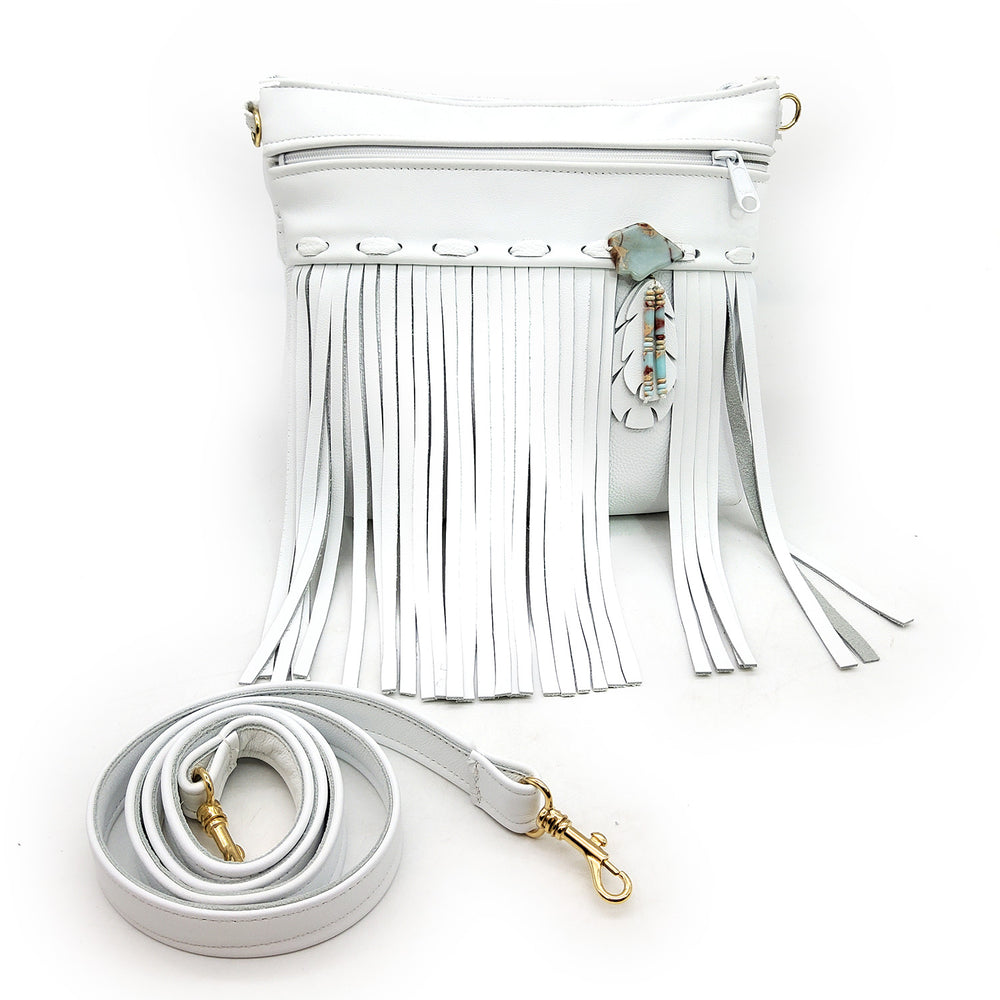 Medium White Leather Fringe Bag