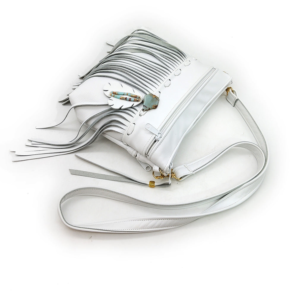 Medium White Leather Fringe Bag
