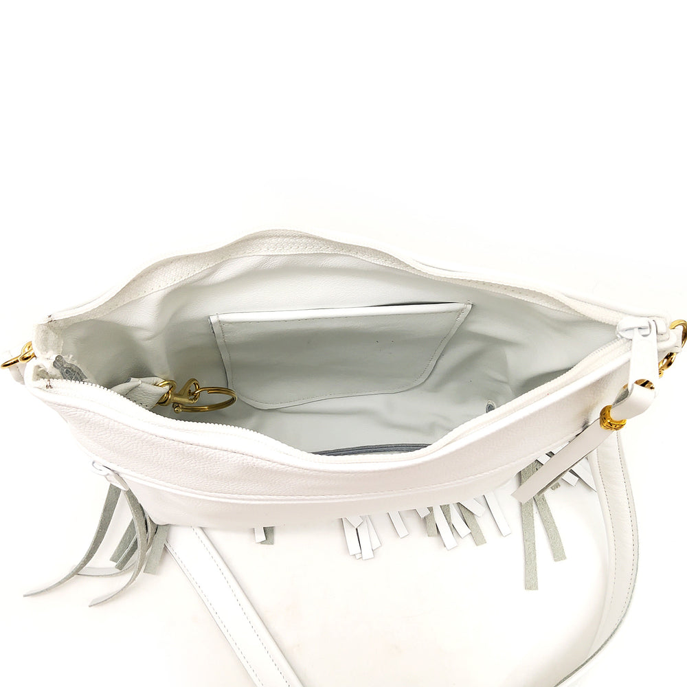 Medium White Leather Fringe Bag