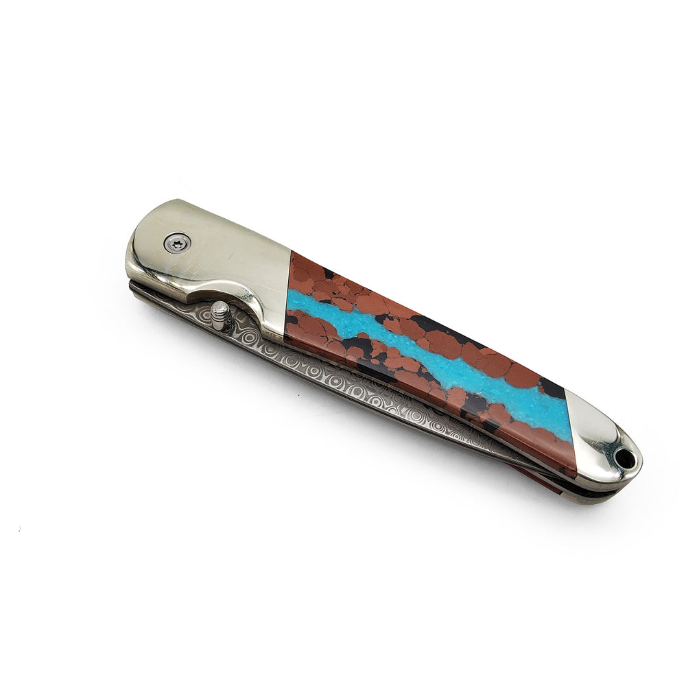 Turquoise Handle Damascus Folding Knife