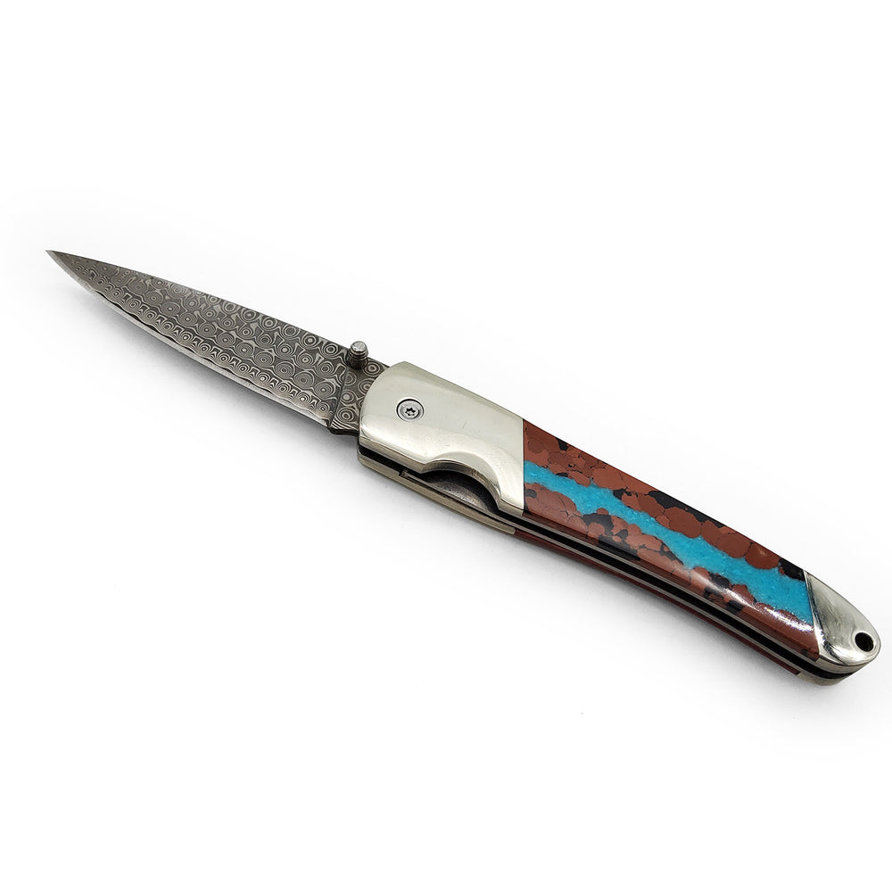 Turquoise Handle Damascus Folding Knife