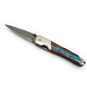 Turquoise Handle Damascus Folding Knife