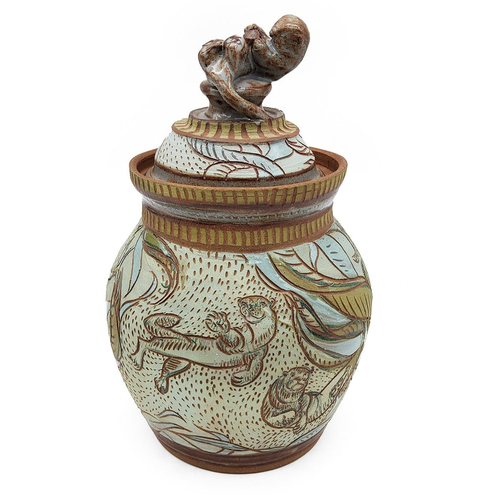 Sgraffito Otter Jar With Sculpted Lid