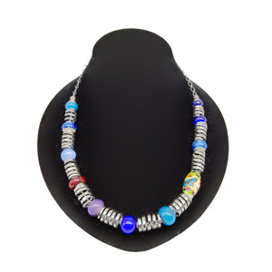 Spiral Silver & Blue Glass Bead Necklace