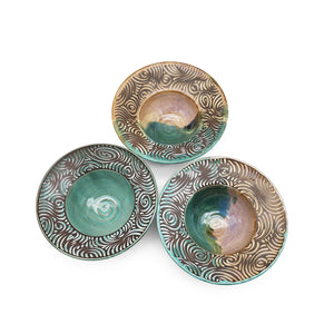 
            
                Load image into Gallery viewer, Carved Teal Wide Rim Bowl Set
            
        