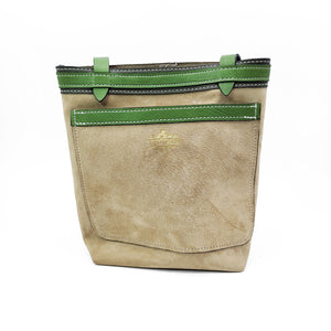 Tan Suade Small Tote With Green Accents