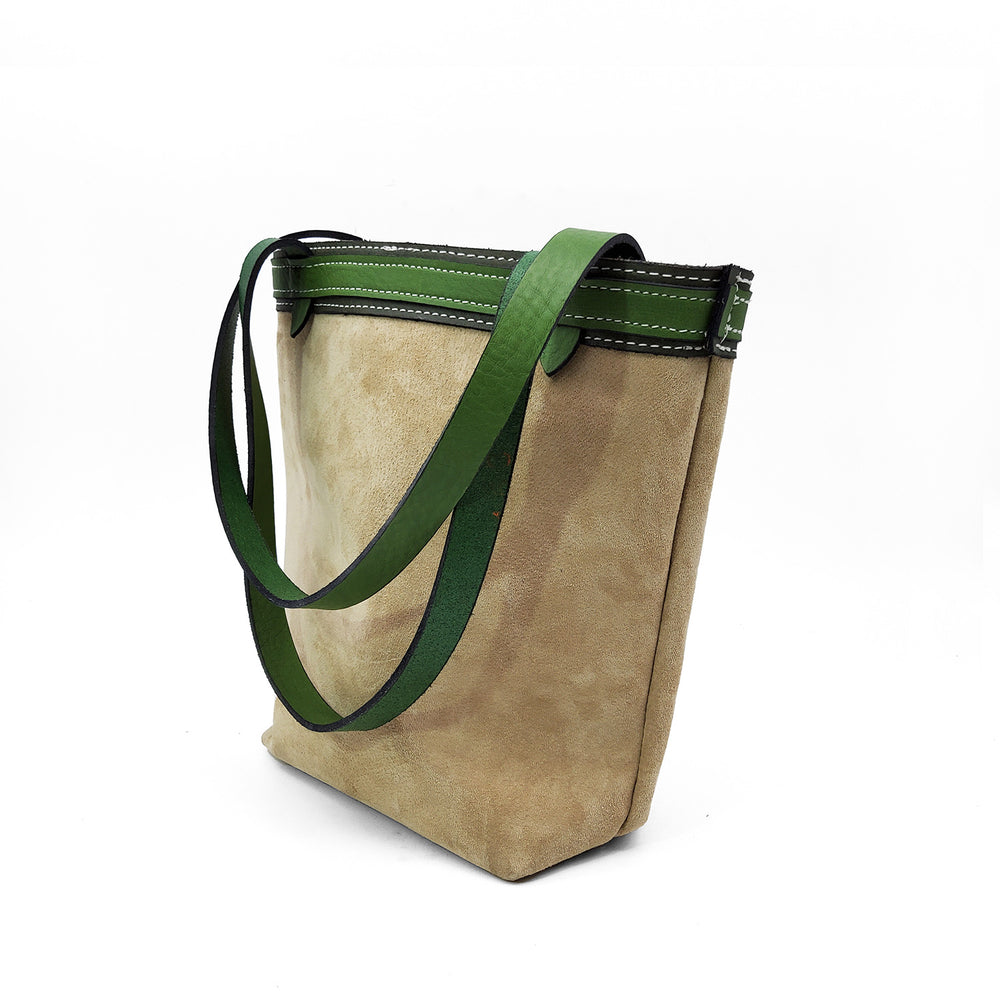 
            
                Load image into Gallery viewer, Tan Suade Small Tote With Green Accents
            
        